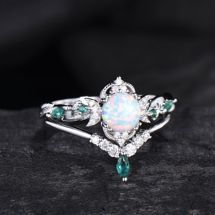 Vintage White Opal Engagement Ring Set Unique Leaves Nature Inspired Emerald Wedding Ring Set Art Deco Green Crystal Moissanite Bridal Set - PENFINE