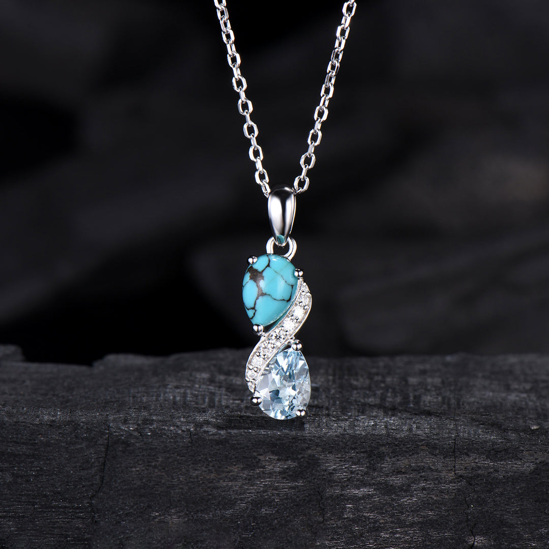 Aquamarine Turquoise Toi et Moi Necklace, Double Pear Cut, Handmade Gold Pendant - PENFINE