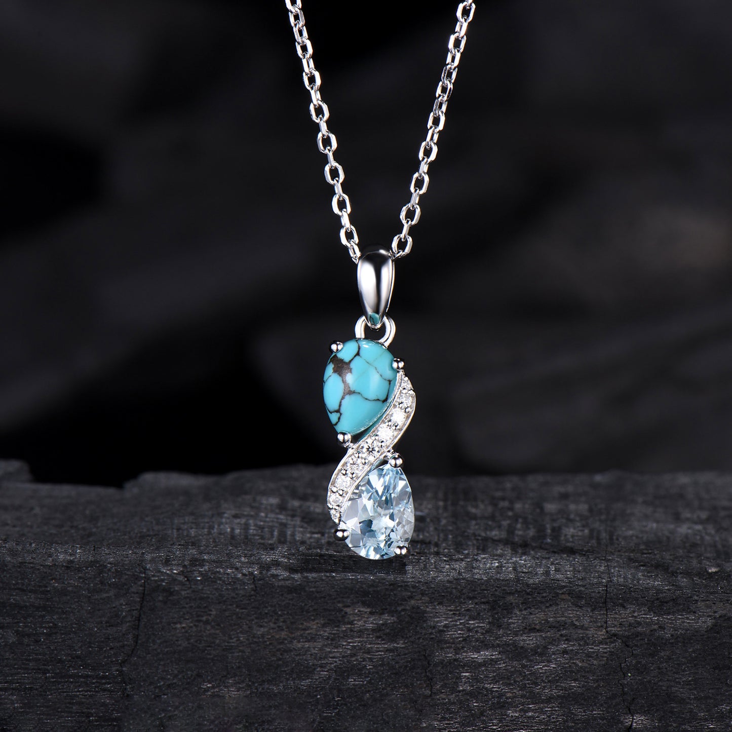 Aquamarine Turquoise Toi et Moi Necklace, Double Pear Cut, Handmade Gold Pendant - PENFINE