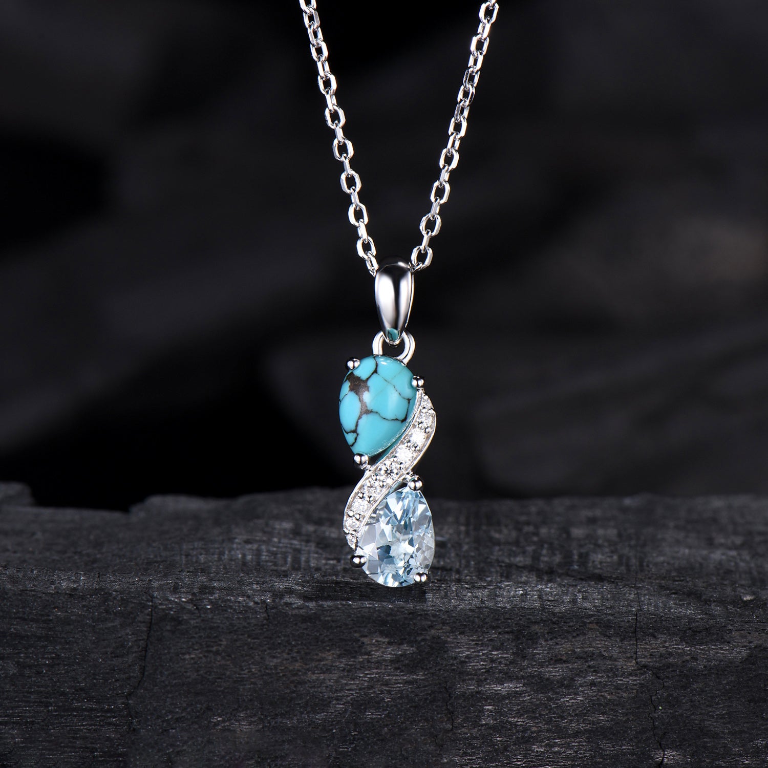 Aquamarine Turquoise Toi et Moi Necklace, Double Pear Cut, Handmade Gold Pendant - PENFINE