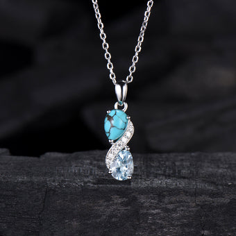 Aquamarine Turquoise Toi et Moi Necklace, Double Pear Cut, Handmade Gold Pendant - PENFINE