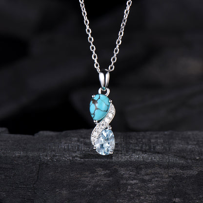 Aquamarine Turquoise Toi et Moi Necklace, Double Pear Cut, Handmade Gold Pendant - PENFINE