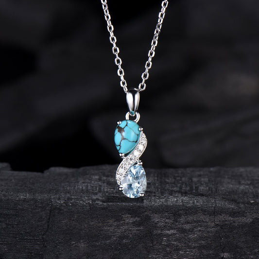 Aquamarine Turquoise Toi et Moi Necklace, Double Pear Cut, Handmade Gold Pendant - PENFINE