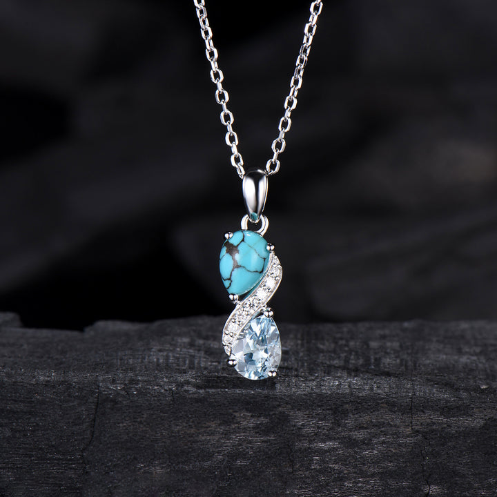 Aquamarine Turquoise Toi et Moi Necklace, Double Pear Cut, Handmade Gold Pendant - PENFINE