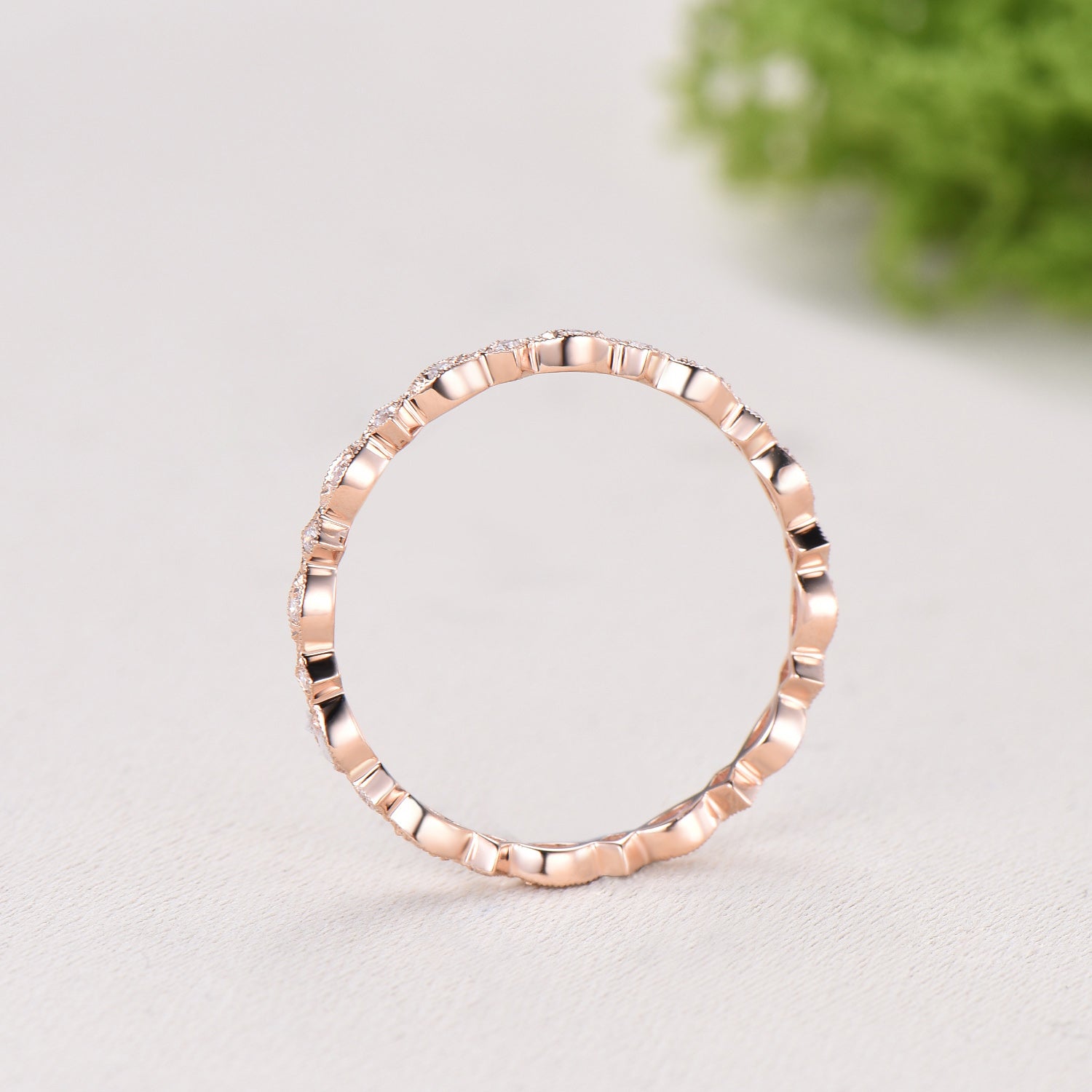 Art Deco Moissanite Diamond Wedding Band, Milgrain Stacking Ring, Vintage Anniversary Gift