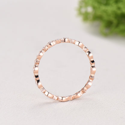 Art Deco Moissanite Diamond Wedding Band, Milgrain Stacking Ring, Vintage Anniversary Gift