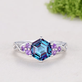 Vintage Alexandrite Engagement Ring Hexagon Cut Rose Gold Unique Cluster Amethyst Milgrain Diamond Wedding Ring Women Promise ring gift