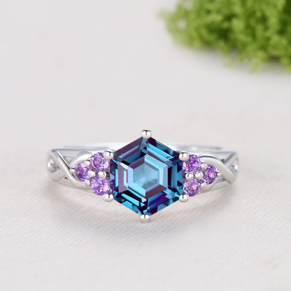 Vintage Alexandrite Engagement Ring Hexagon Cut Rose Gold Unique Cluster Amethyst Milgrain Diamond Wedding Ring Women Promise ring gift