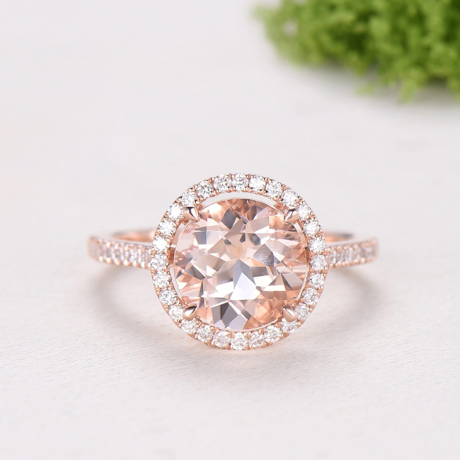 Retro Round Cut Morganite Engagement Ring Rose Gold, Hidden Diamond Halo Basket Setting