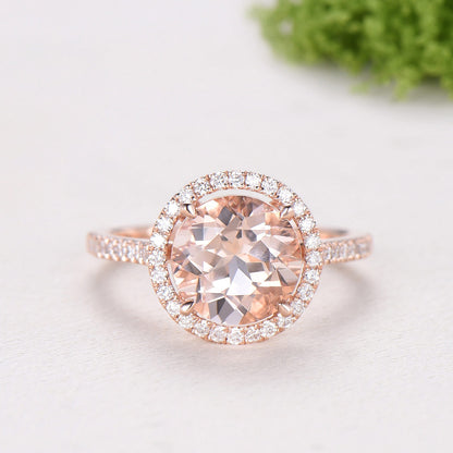 Retro Round Cut Morganite Engagement Ring Rose Gold, Hidden Diamond Halo Basket Setting