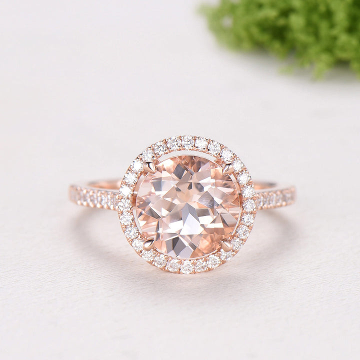 Retro Round Cut Morganite Engagement Ring Rose Gold, Hidden Diamond Halo Basket Setting
