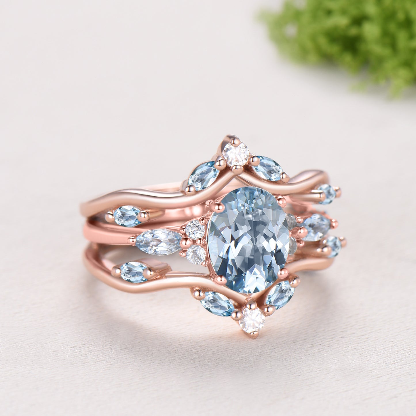 1.5CT Oval Natural Aquamarine Engagement Ring Set Cluster Marquise Gem Wedding Set March Birthstone Enhancer Band