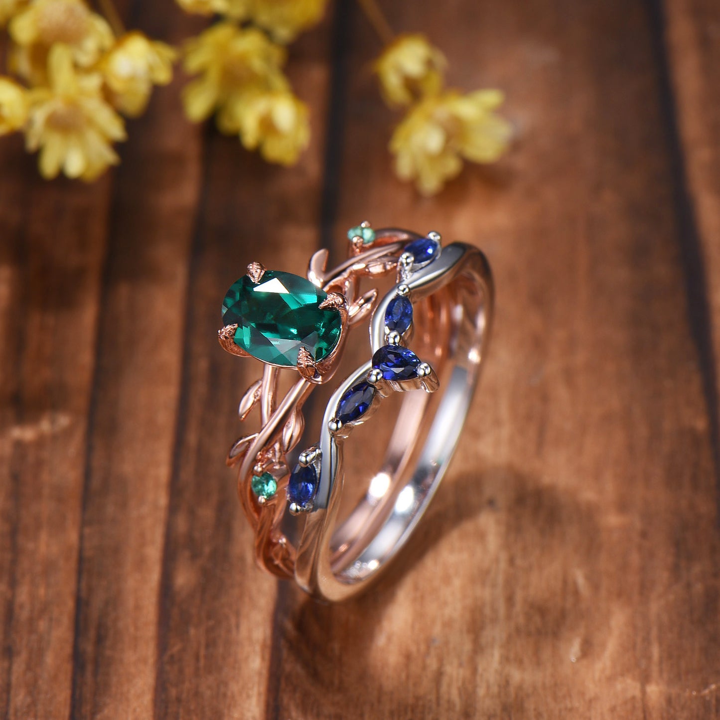 Emerald Engagement Ring Set with Blue Sapphire Wedding Band ¨C Leaf Vine Design
