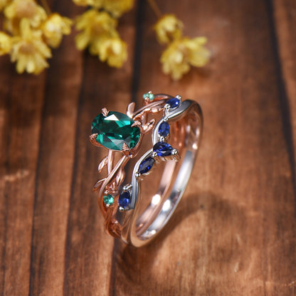 Emerald Engagement Ring Set with Blue Sapphire Wedding Band ¨C Leaf Vine Design
