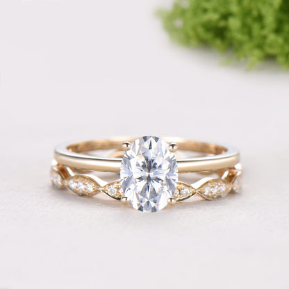 1.5CT Oval Moissanite Solitaire Engagement Ring Set Vintage 14K Gold Wedding Set Full Eternity Milgrain Band