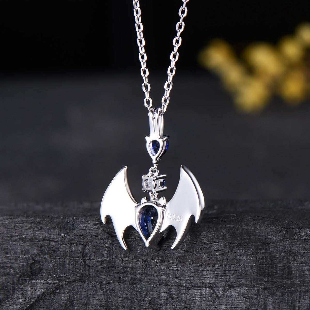 Gothic Bat Sapphire Necklace, Pear Cut Blue Sapphire Pendant, Vampire Bat Wings Jewelry, Dark Academia Charm, Halloween Gift for Her