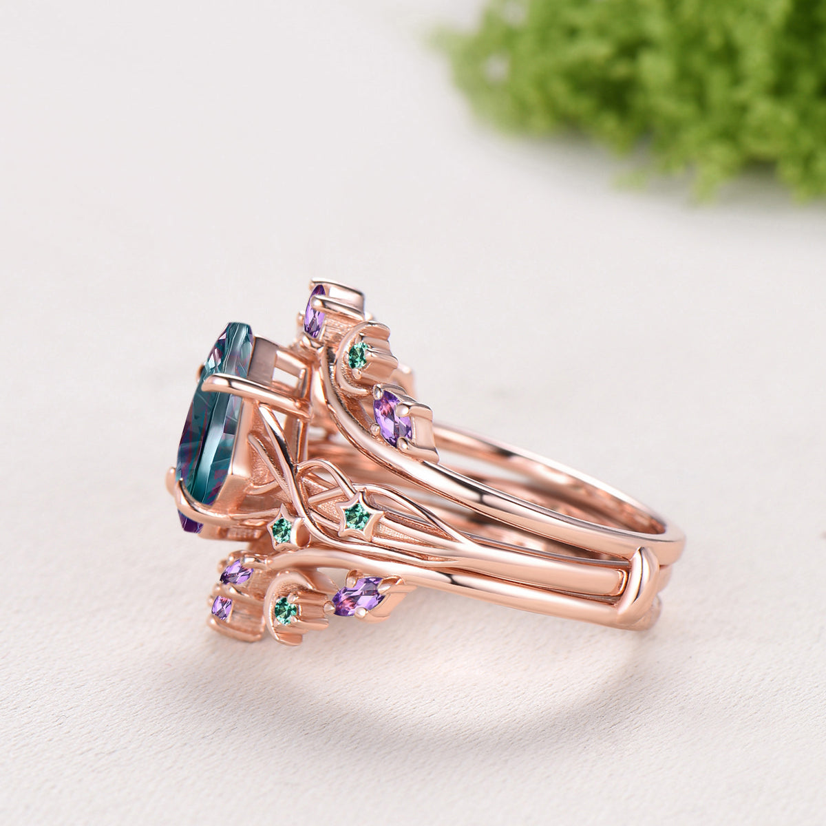 Kite Shaped Fantasy Cut Color-change Alexandrite Twisted Ring Set Amethyst Enhancer Stacking Band