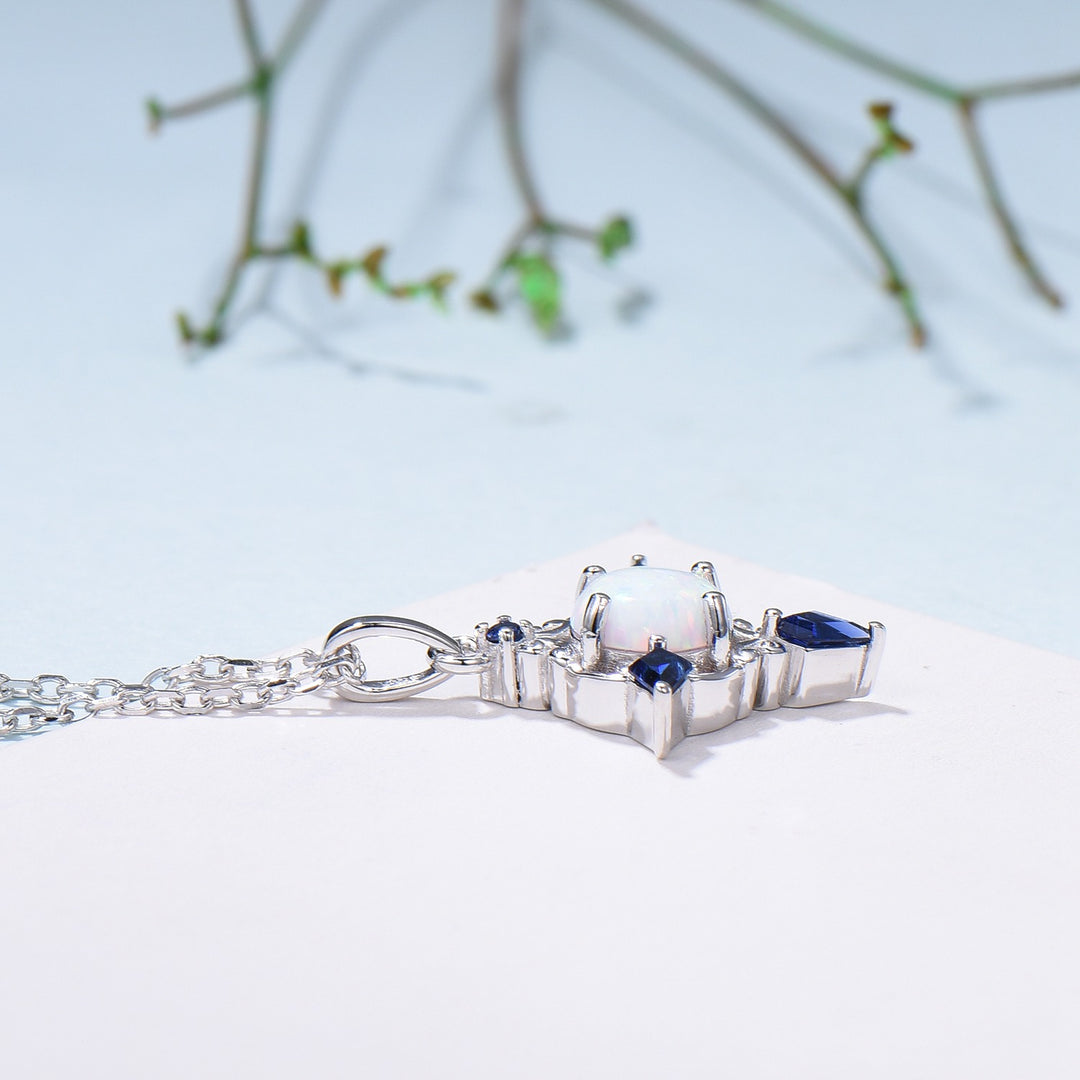 Celtic Knot Opal Pendant Necklace, 14K Rose Gold, Sapphire Accents - PENFINE