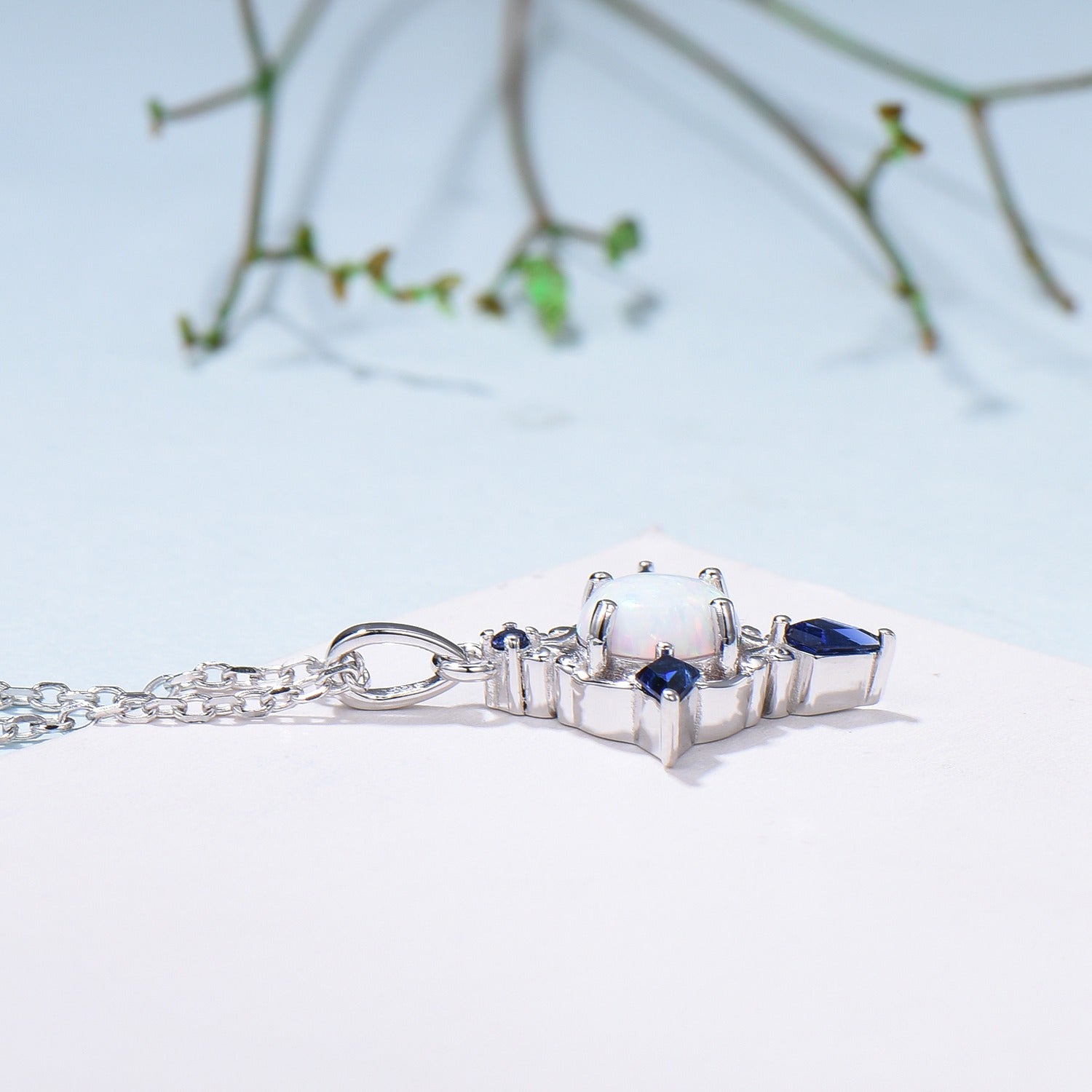 Celtic Knot Opal Pendant Necklace, 14K Rose Gold, Sapphire Accents - PENFINE