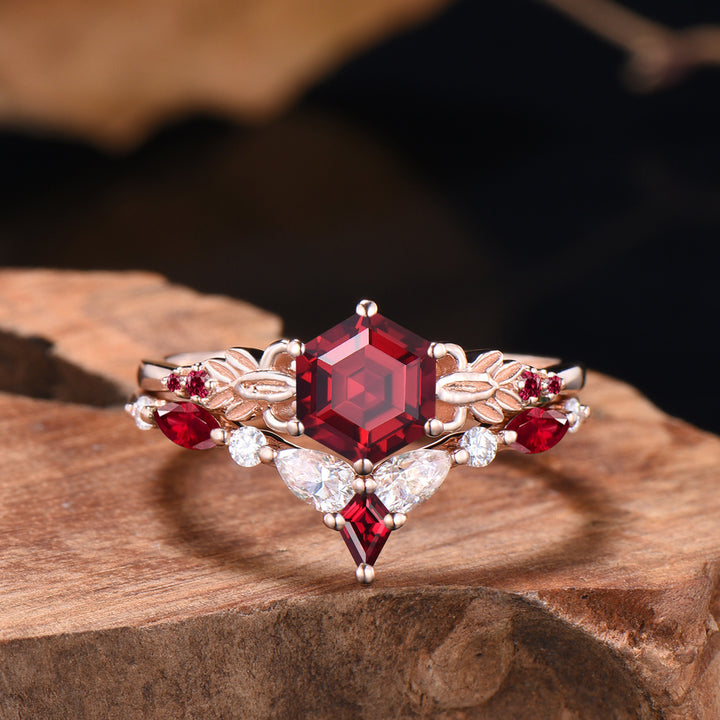 Nature Inspired Ruby Engagement Ring Set Art Deco Floral Flower Moissanite Wedding Set For Women (Copy) - PENFINE