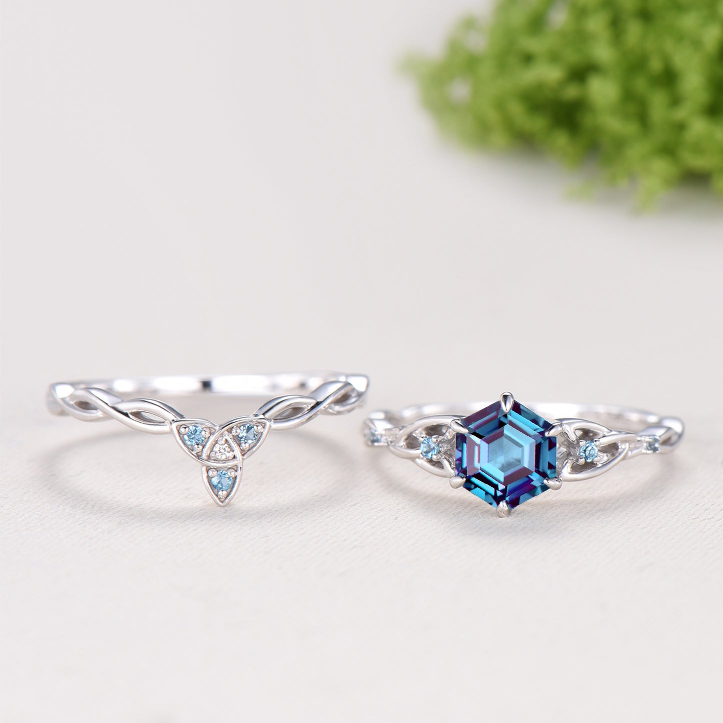Norse Viking Hexagon Cut Alexandrite Engagement Ring Set Celtic Love Knot Swiss Topaz Band Unique Wedding Ring Set Promise Gifts Women