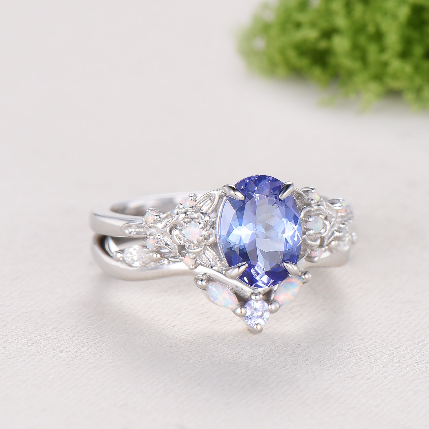 Floral Oval Tanzanite Engagement Ring Set, White Gold Twig Vine Opal Band, Nature Inspired Wedding Bridal Set
