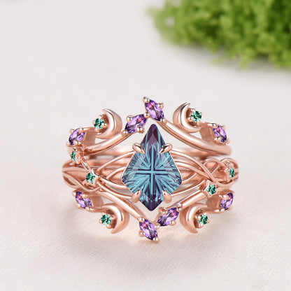 Kite Shaped Fantasy Cut Color-change Alexandrite Twisted Ring Set Amethyst Enhancer Stacking Band