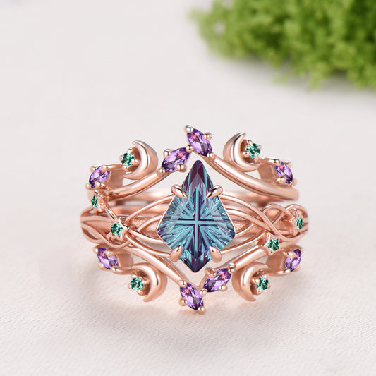 Kite Shaped Fantasy Cut Color-change Alexandrite Twisted Ring Set Amethyst Enhancer Stacking Band