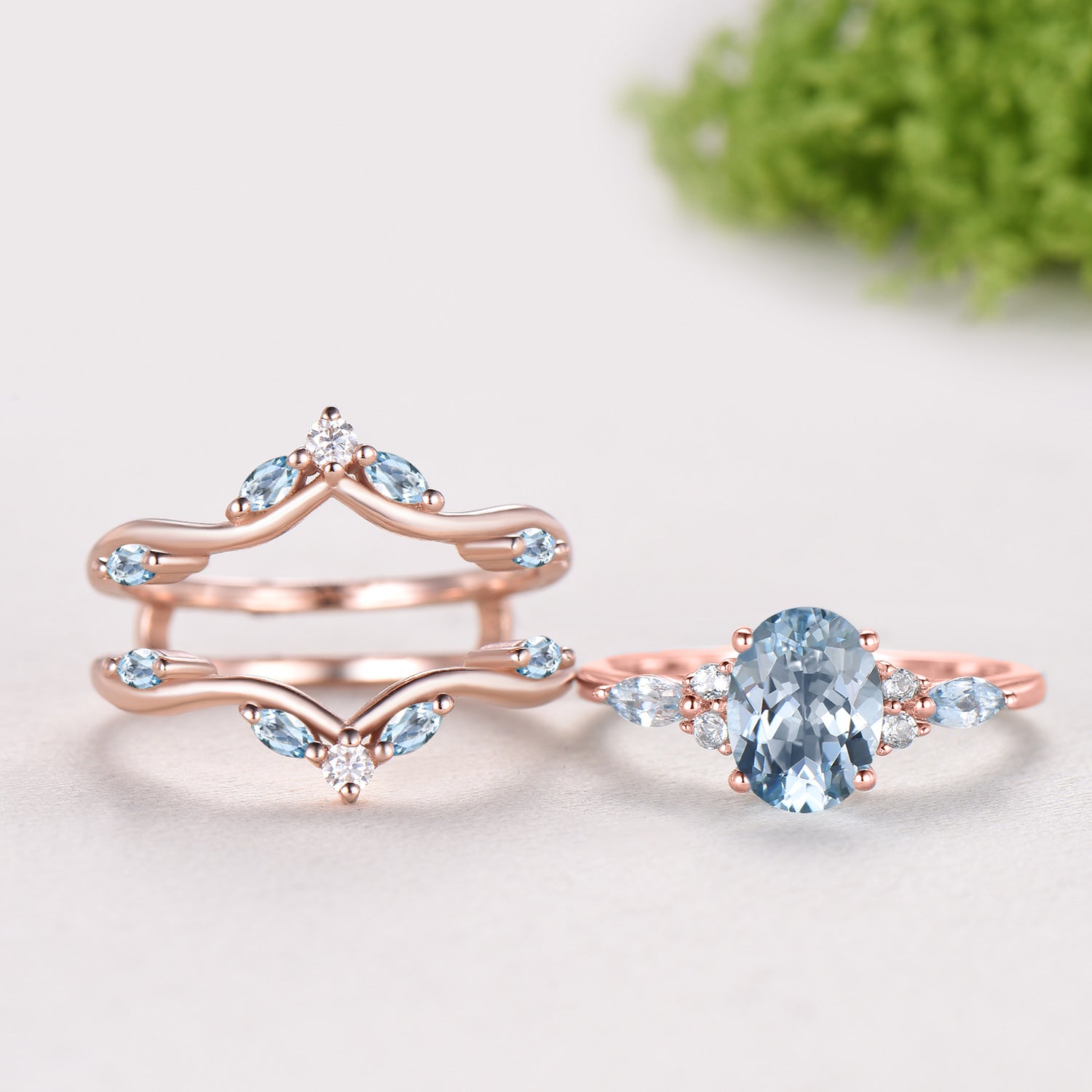 1.5CT Oval Natural Aquamarine Engagement Ring Set Cluster Marquise Gem Wedding Set March Birthstone Enhancer Band