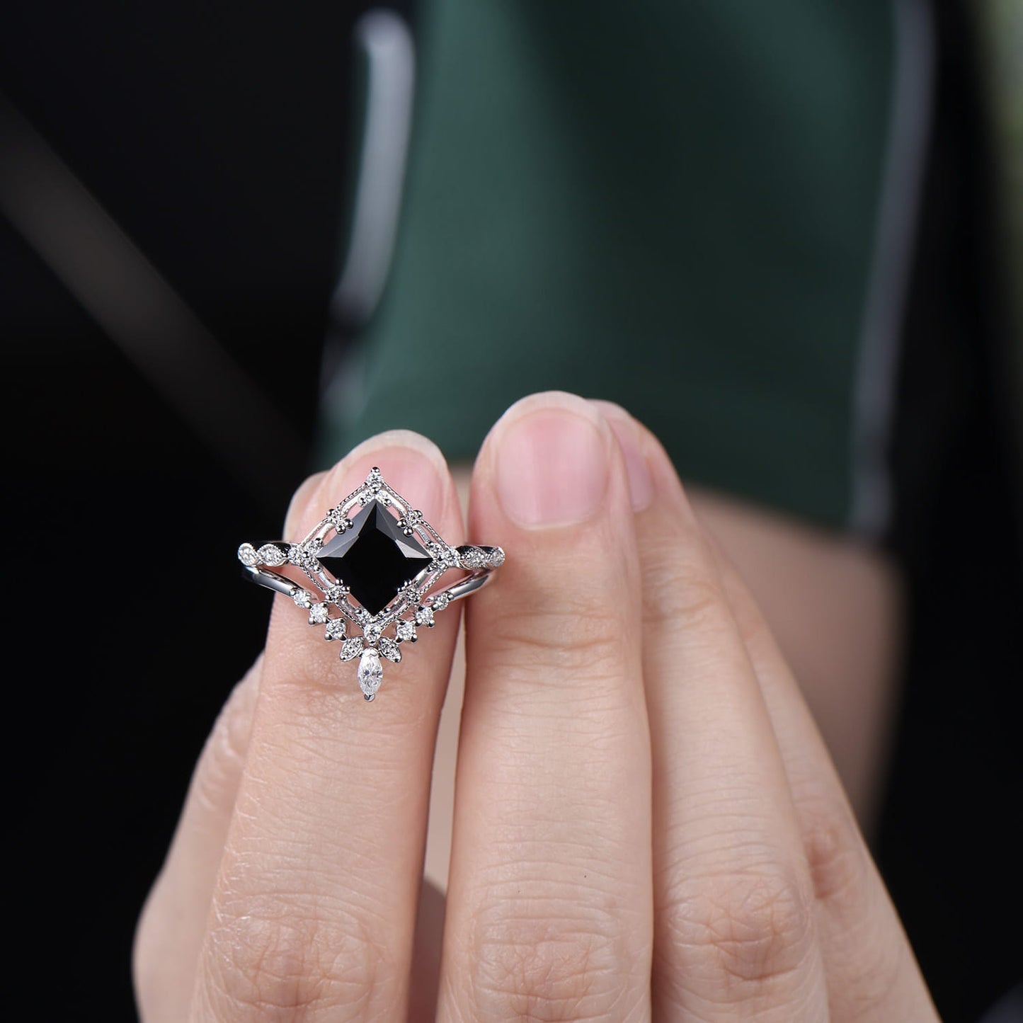 2CT Art deco princess cut black onyx engagement ring set