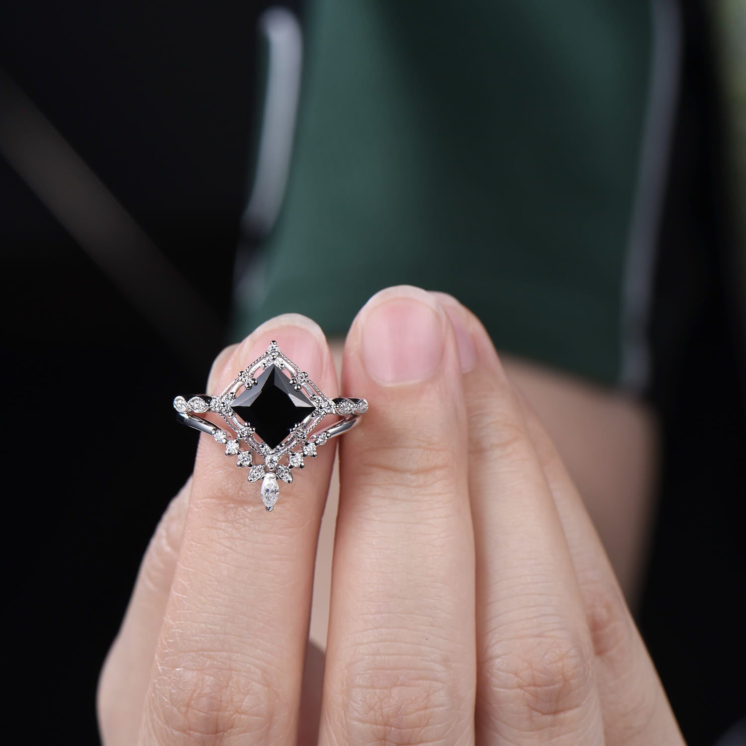 2CT Art deco princess cut black onyx engagement ring set
