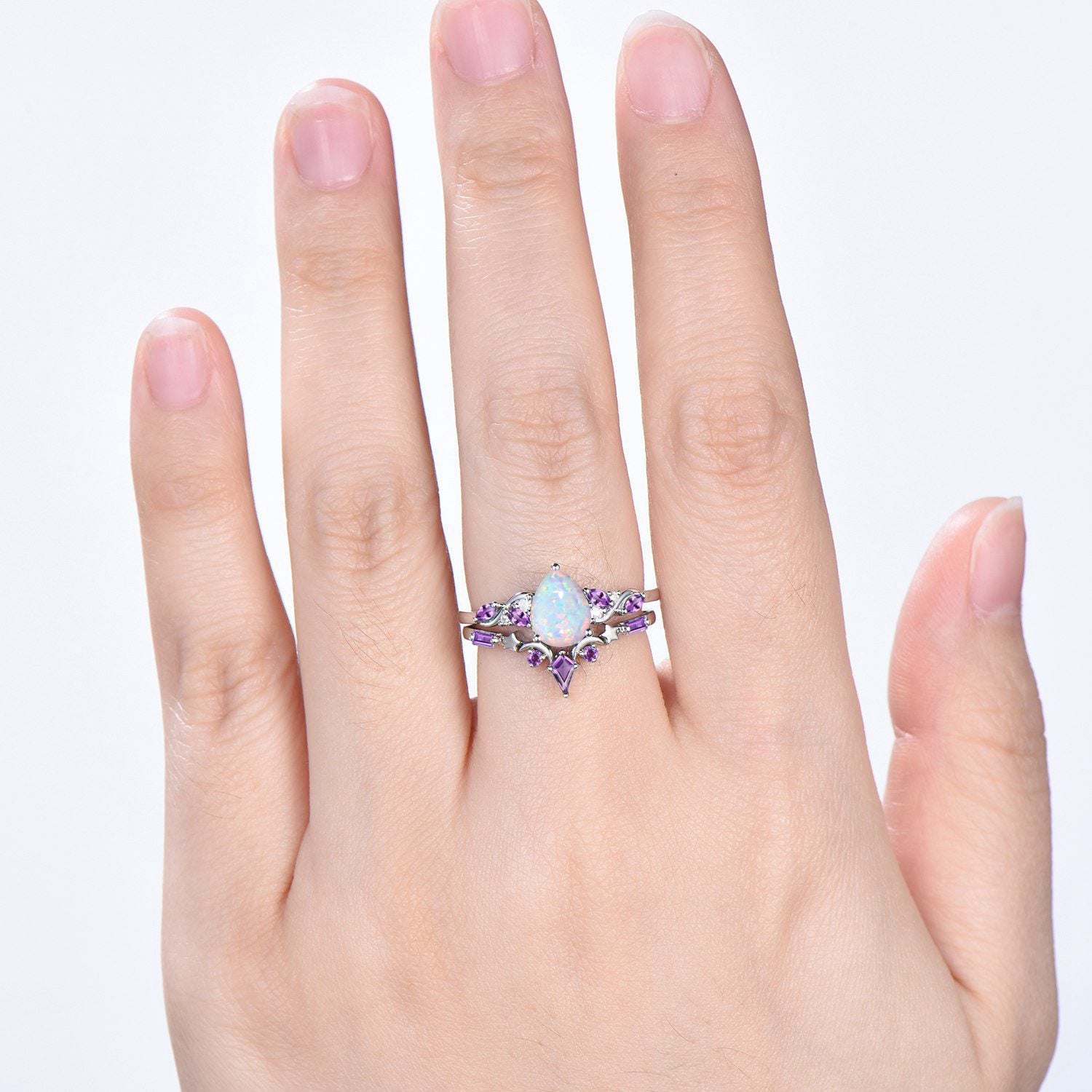 Pear Shaped White Opal Engagement Ring Set: Enchanted Moonlit Opal & Amethyst Set - PENFINE
