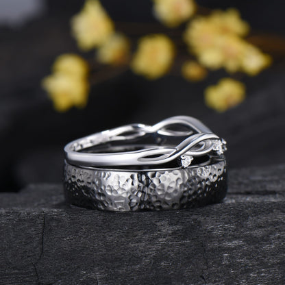 Couples Ring Set 5mm Moss Agate Hammer Men's Wedding Ring Moissanite Curved Band