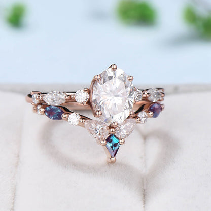 Vintage 1.5Ct Oval Moissanite engagement ring set unique rose gold wedding ring set crown alexandrite stacking band Bridal Promise ring - PENFINE