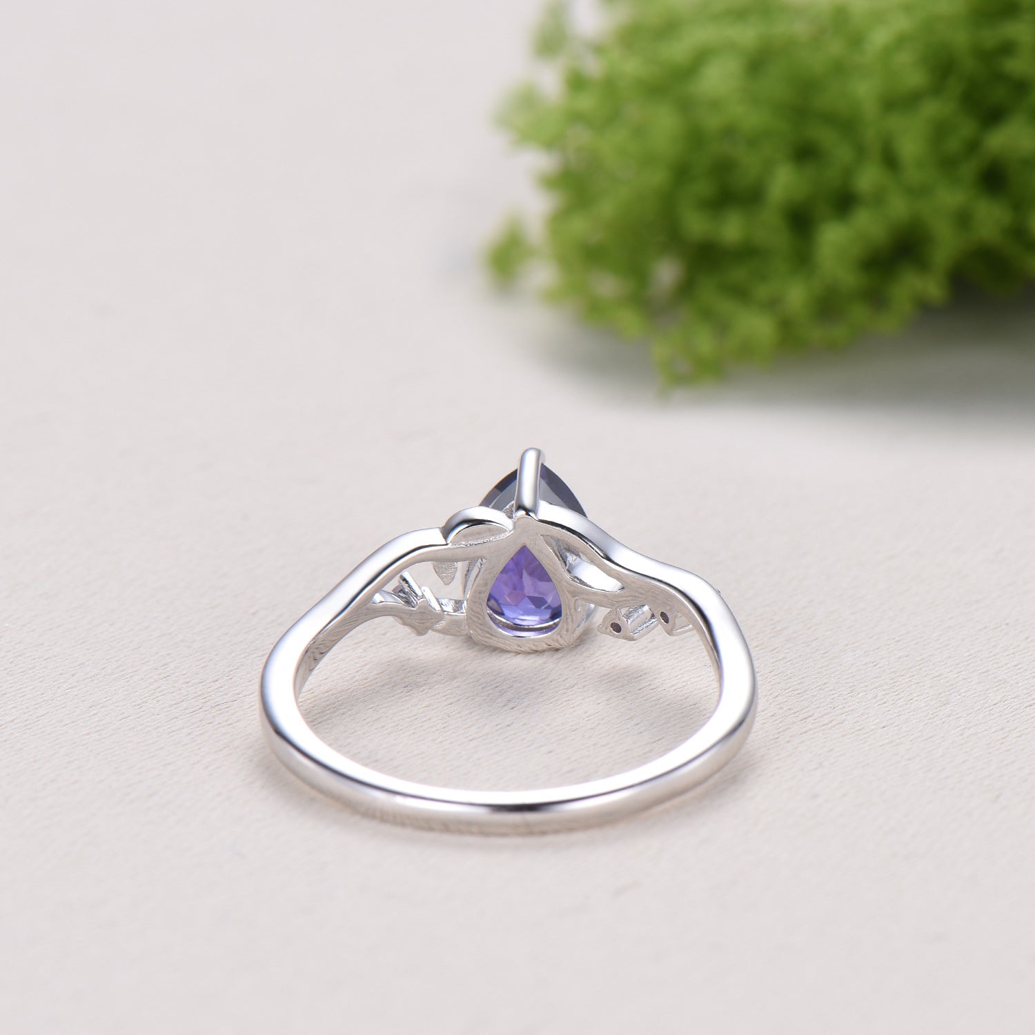 Vintage Pear Shaped Purple Sapphire Engagement Ring, Nature Inspired Leaf Twig Gold Ring, Accent Amethyst Split Shank Anniversary Ring - PENFINE
