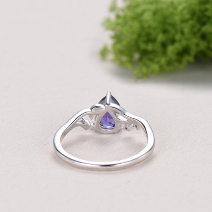 Vintage Pear Shaped Purple Sapphire Engagement Ring, Nature Inspired Leaf Twig Gold Ring, Accent Amethyst Split Shank Anniversary Ring - PENFINE