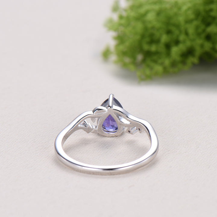 Vintage Pear Shaped Purple Sapphire Engagement Ring, Nature Inspired Leaf Twig Gold Ring, Accent Amethyst Split Shank Anniversary Ring - PENFINE