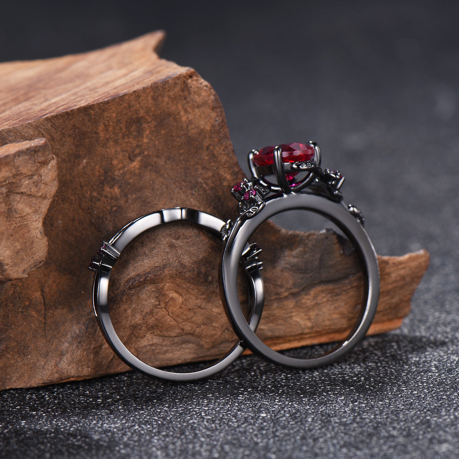 Nature Inspired Leaf ruby ring set black gold branch twig lab ruby engagement ring women unique July birthstone wedding ring set for women