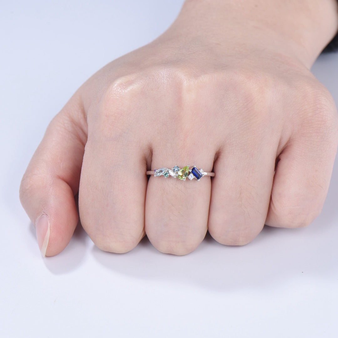 Multi-Gemstone Cluster Wedding Ring | Peridot, Amethyst, Topaz, Sapphire & Aquamarine - PENFINE