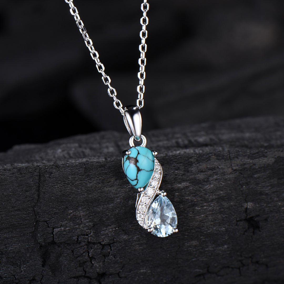 Aquamarine Turquoise Toi et Moi Necklace, Double Pear Cut, Handmade Gold Pendant - PENFINE