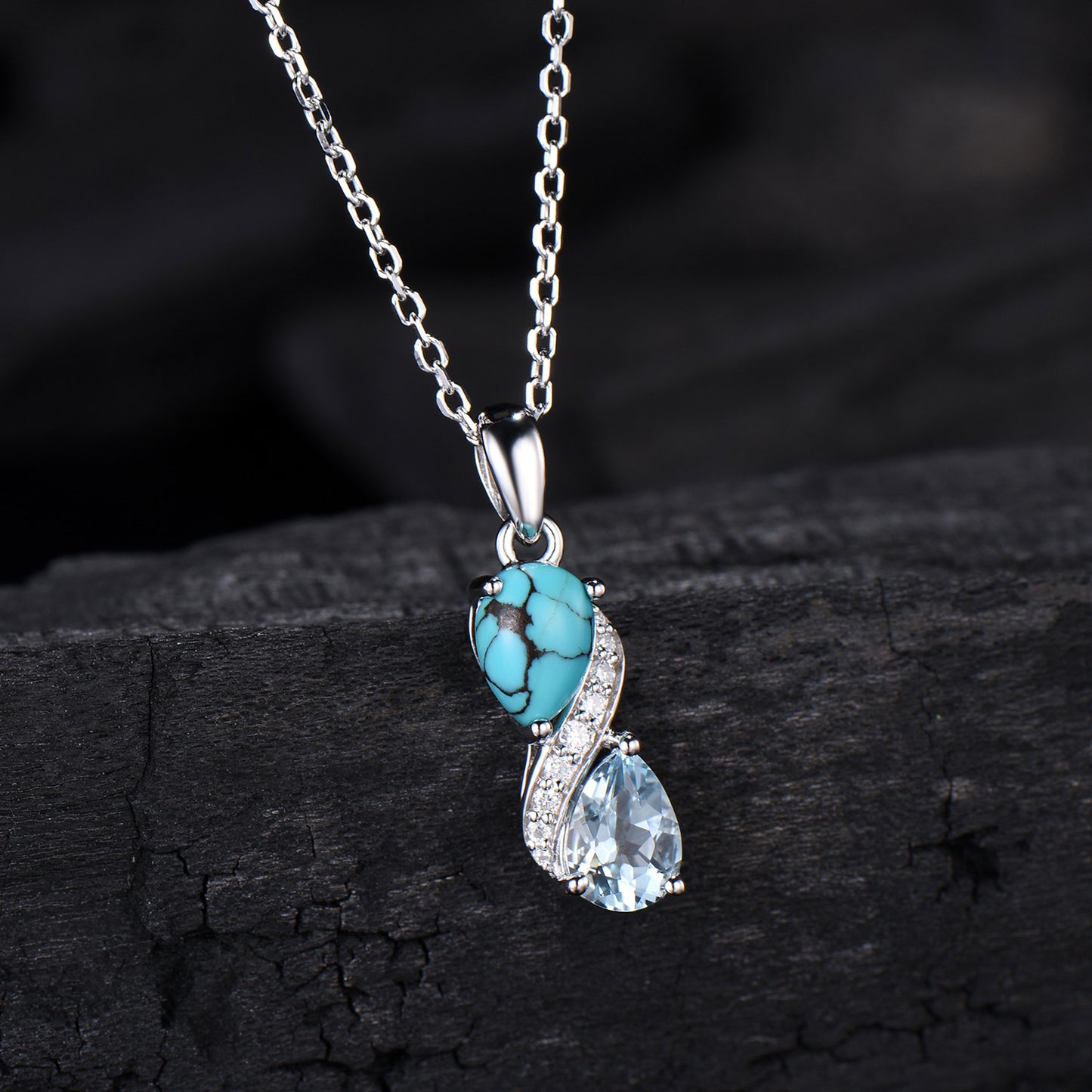 Aquamarine Turquoise Toi et Moi Necklace, Double Pear Cut, Handmade Gold Pendant - PENFINE