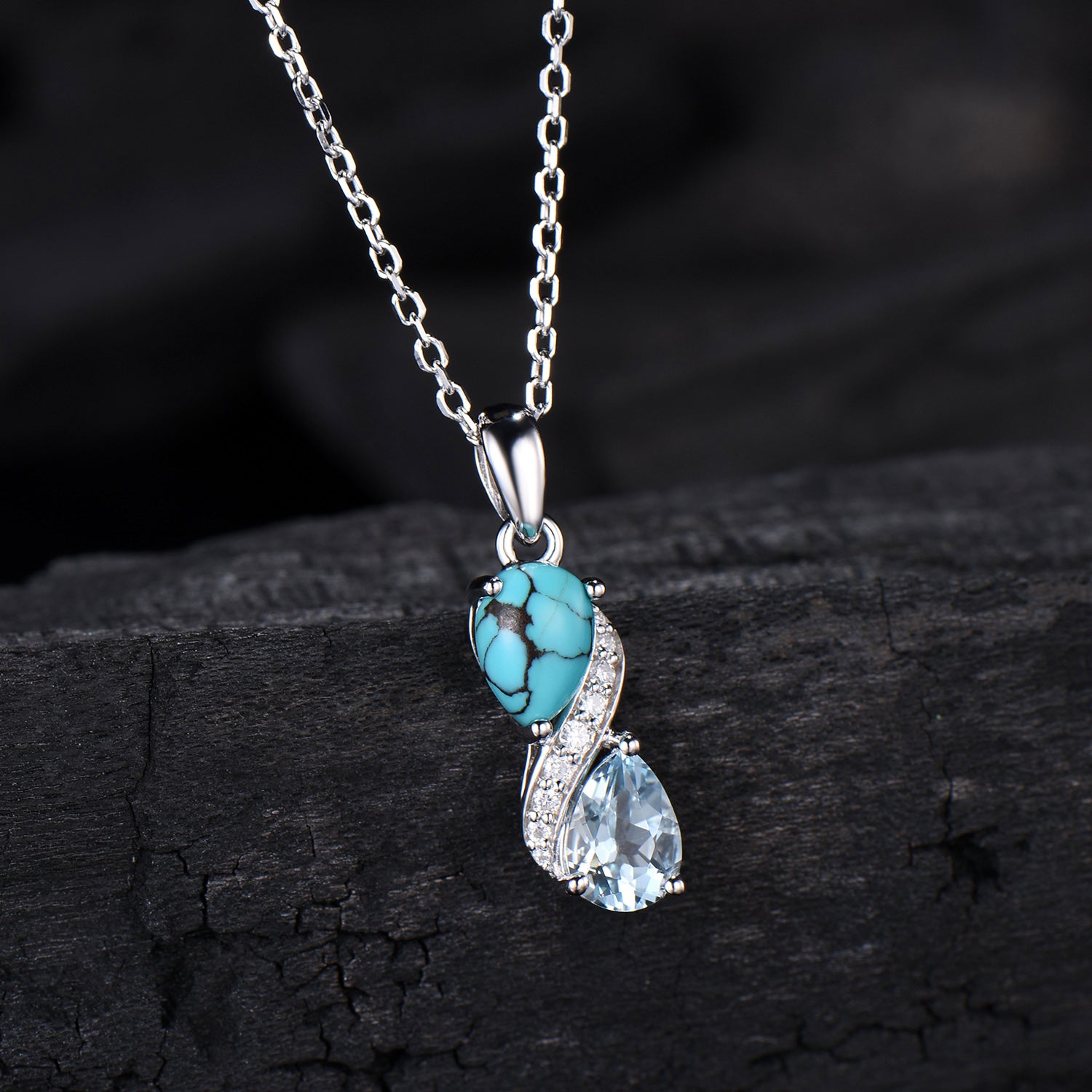 Aquamarine Turquoise Toi et Moi Necklace, Double Pear Cut, Handmade Gold Pendant - PENFINE