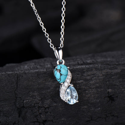 Aquamarine Turquoise Toi et Moi Necklace, Double Pear Cut, Handmade Gold Pendant - PENFINE