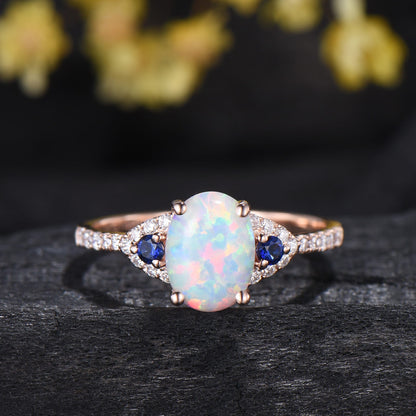 1.5CT Vintage Oval Fire White Opal Engagement Ring: Cluster Blue Sapphire Art Deco Band