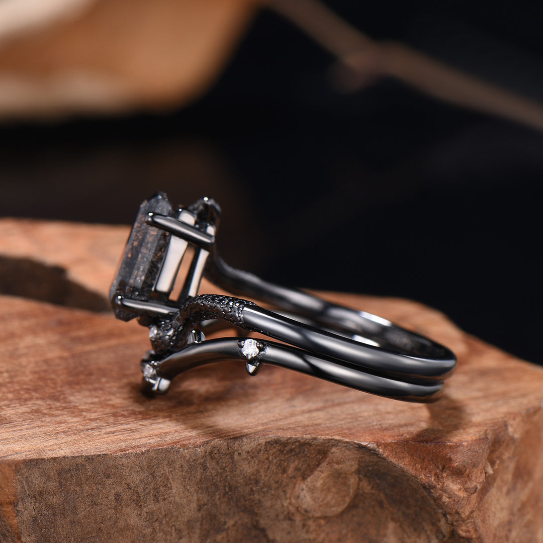 Black Rutilated Quartz Engagement Ring Set - Coffin Gemstone, Black Gold - PENFINE