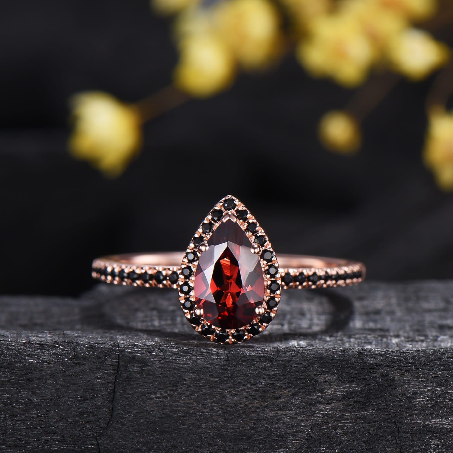 Vintage Garnet Engagement Ring Set Rose Gold 5x8 mm Pear Shaped January Birthstone Wedding Ring Art Deco Black Spinel Band Bridal Set