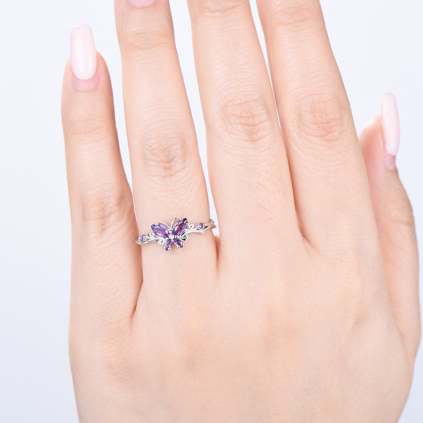 Unique Butterfly wedding ring vintage marquise amethyst engagement ring purple crystal silver white gold custom anniversary gift  for women - PENFINE