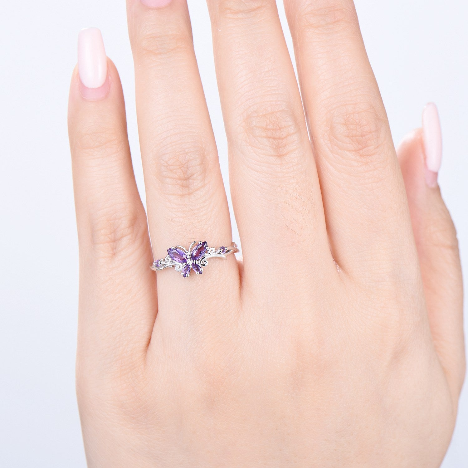 Unique Butterfly wedding ring vintage marquise amethyst engagement ring purple crystal silver white gold custom anniversary gift  for women - PENFINE