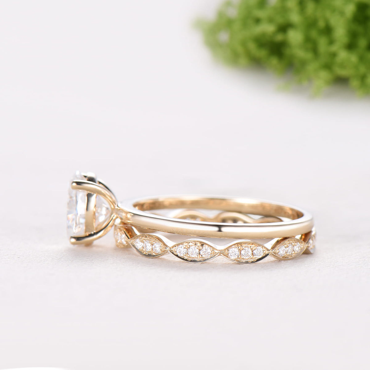 1.5CT Oval Moissanite Solitaire Engagement Ring Set Vintage 14K Gold Wedding Set Full Eternity Milgrain Band