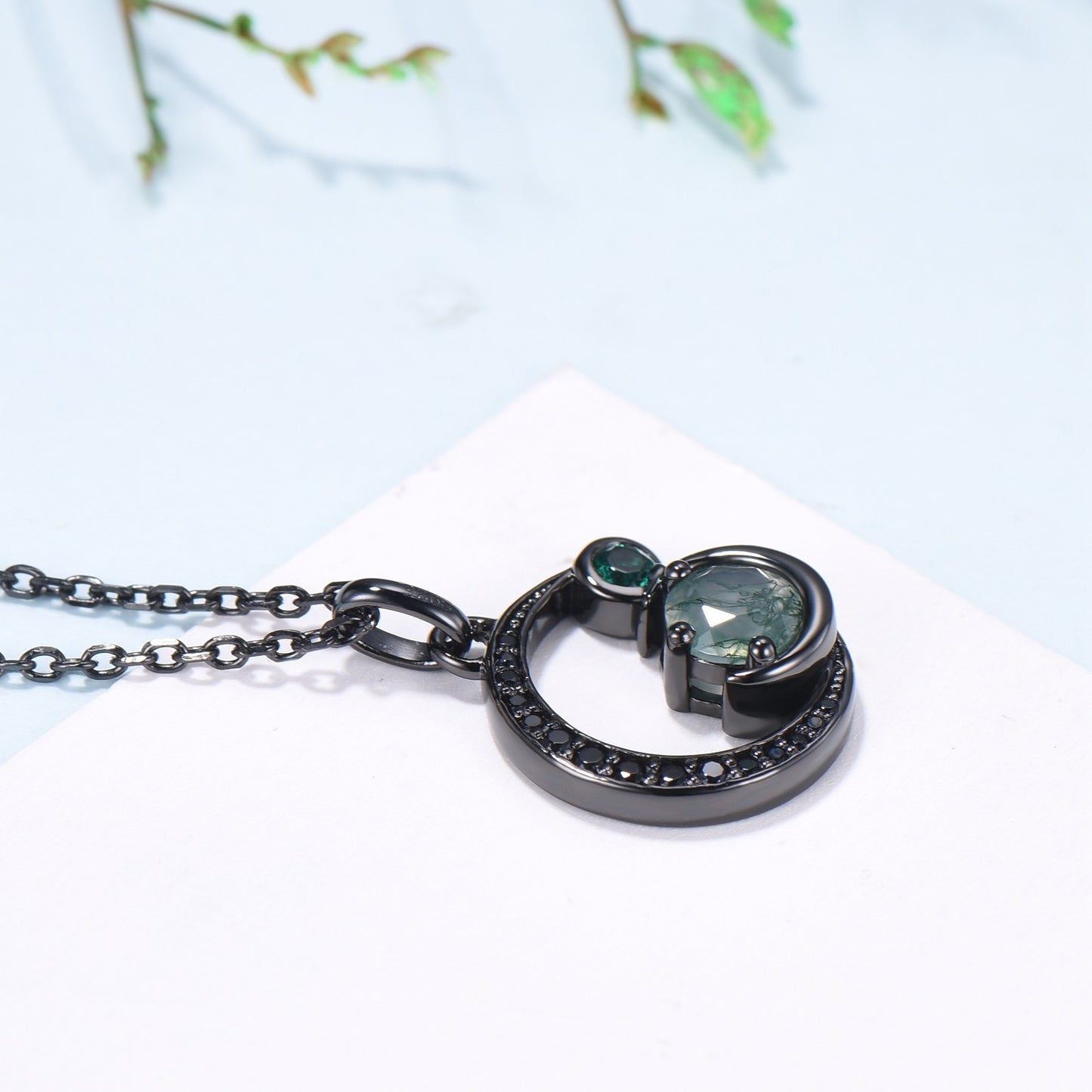 Unique Black Gold Green Moss Agate Necklace Magic Crescent Moon Dainty Agate Pendant Necklace Halloween Gothic Anniversary Gift for Daughter - PENFINE